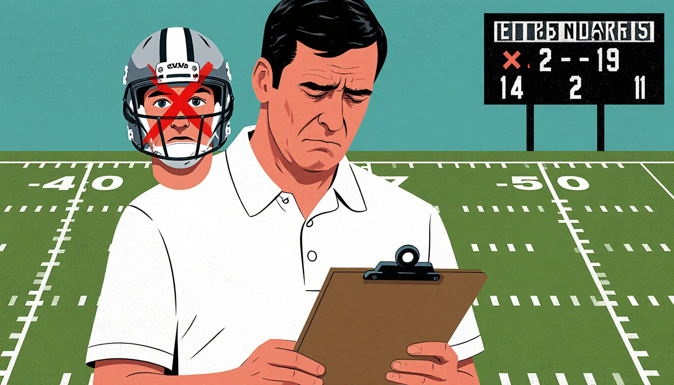 Coach McDaniel pointing to a red X on a quarterback's face with a disappointed look and a blurred field scoreboard behind