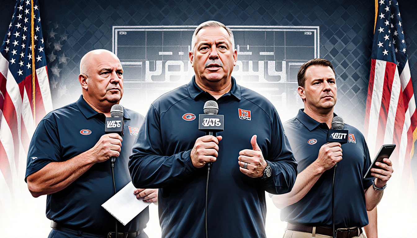 Coaches speaking into microphones with press conference backdrop of gridiron and flags