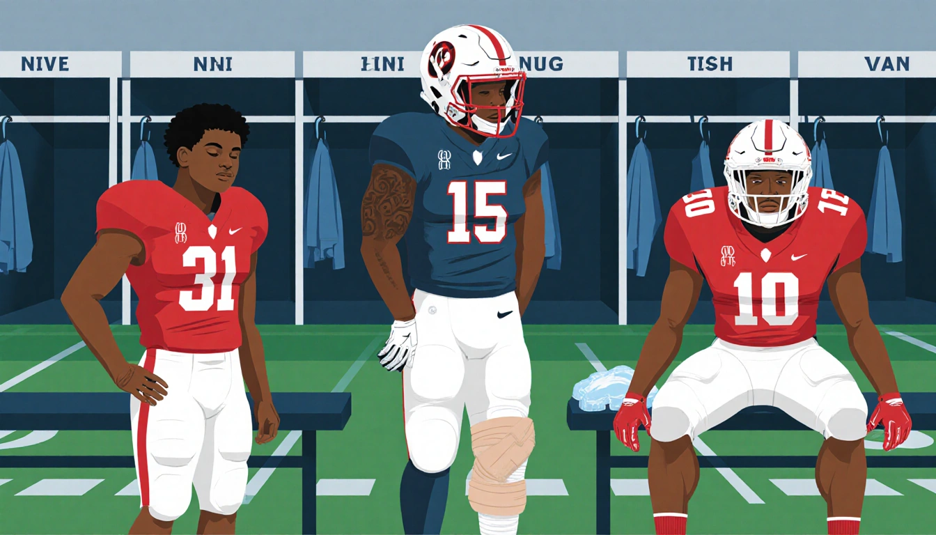 Fred Johnson stands with helmet and pads while Landon Dickerson and Nakobe Dean show injury recovery sidelines and bench.