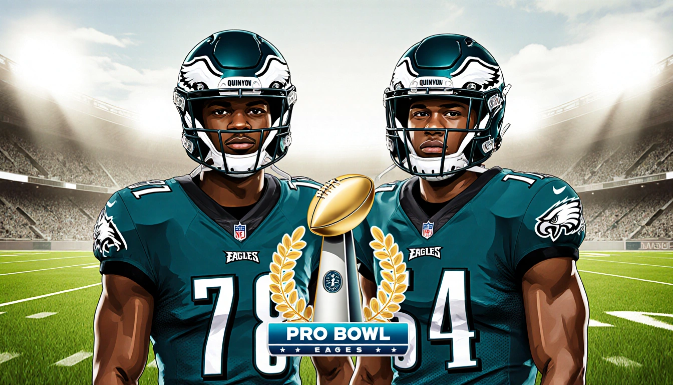 Quinyon Mitchell and Cooper DeJean standing side by side on a field with Eagles jerseys and Pro Bowl helmet logos and a laure