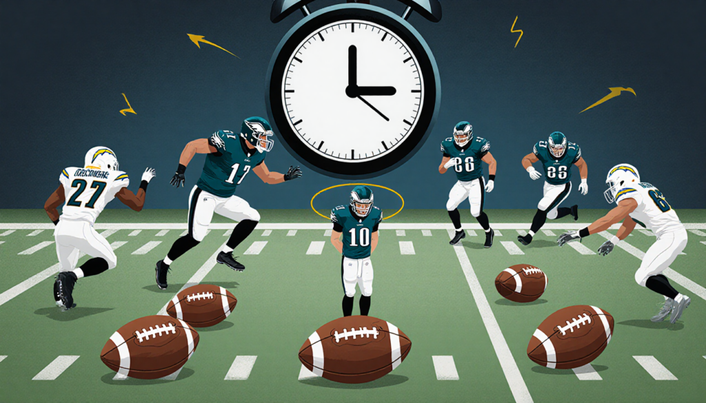 Eagles player standing alone with disappointed halo while Chargers defenders chase and five footballs lie scattered on the fi