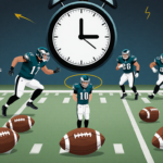 Eagles player standing alone with disappointed halo while Chargers defenders chase and five footballs lie scattered on the fi