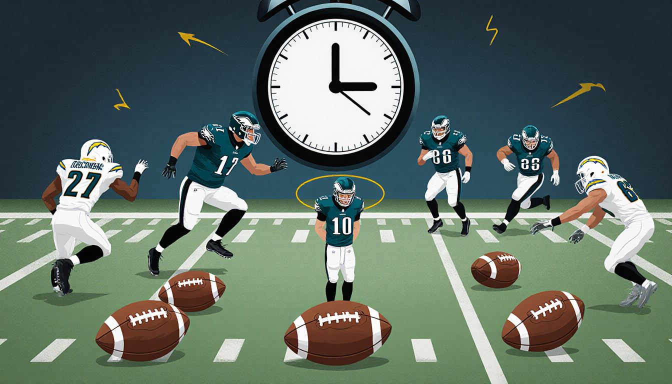 Eagles player standing alone with disappointed halo while Chargers defenders chase and five footballs lie scattered on the fi