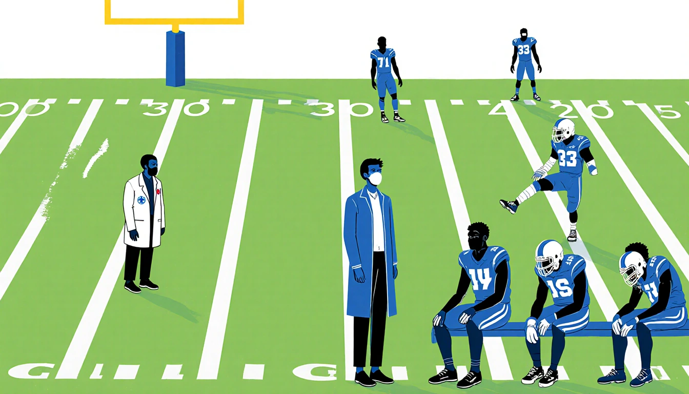 Saquon Barkley standing in a medical coat on a football field with players on the sidelines wearing casts.