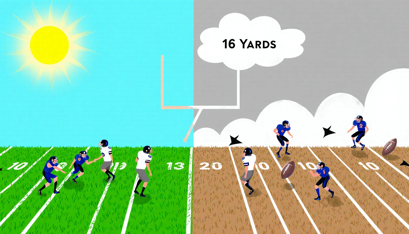 Football field shows bright first half with active players and sky and dark second half with still players and cloudy sky