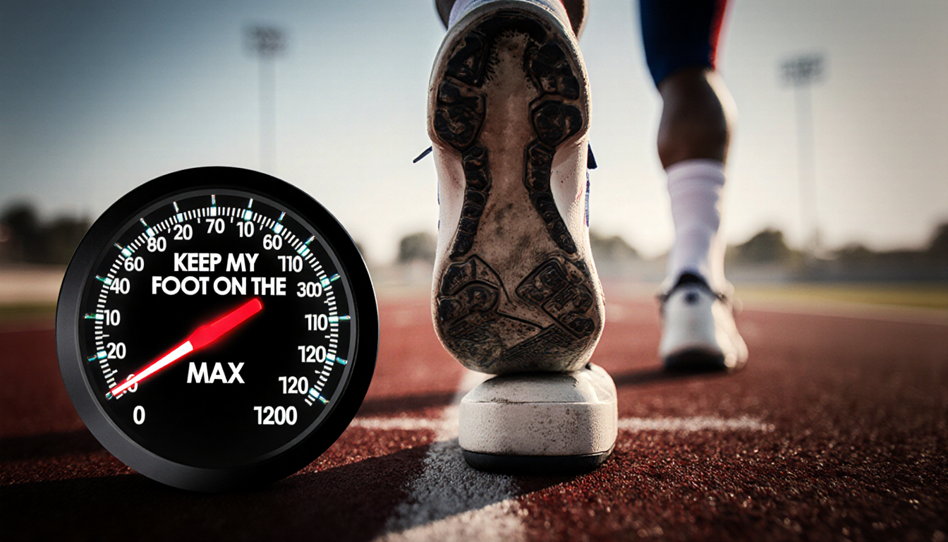 Football player pressing foot on accelerator pedal with speedometer needle at max and blurred racing track background