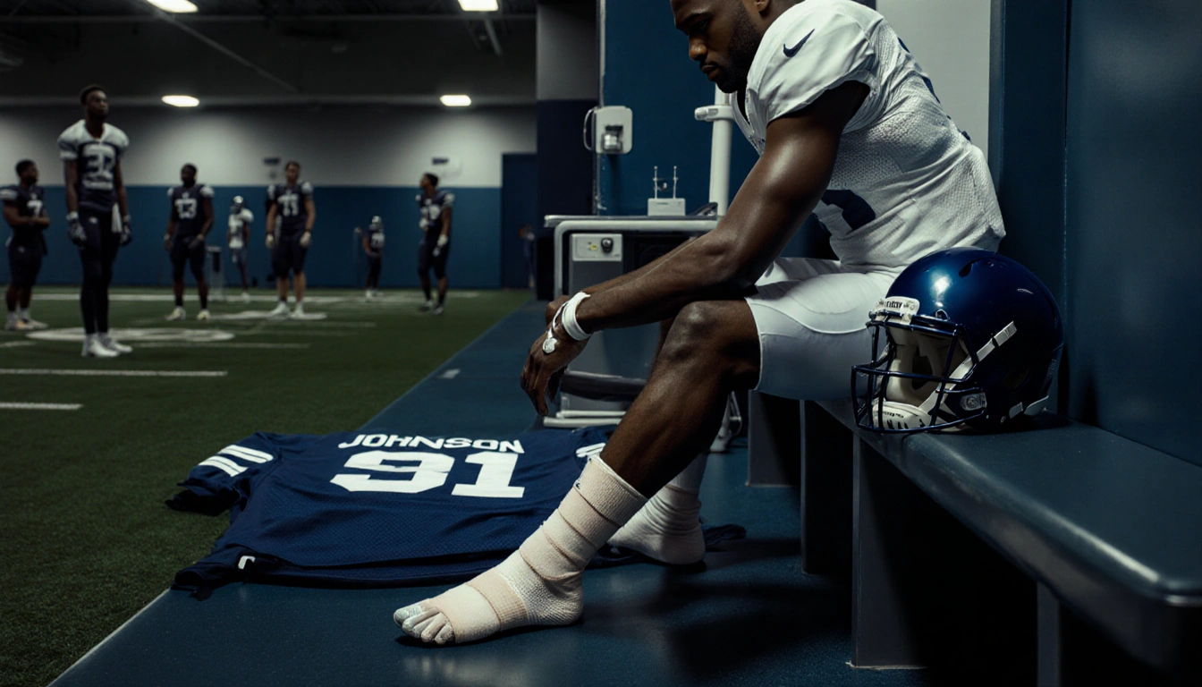 Football player sits on bench with X-ray machines and injured foot cast in dim locker room.