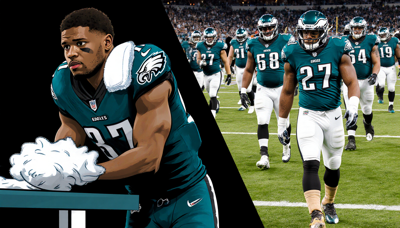 Jalen Carter leans on a medical table with an ice pack and Lane Johnson limps away with a boot Eagles teammates stay ready.