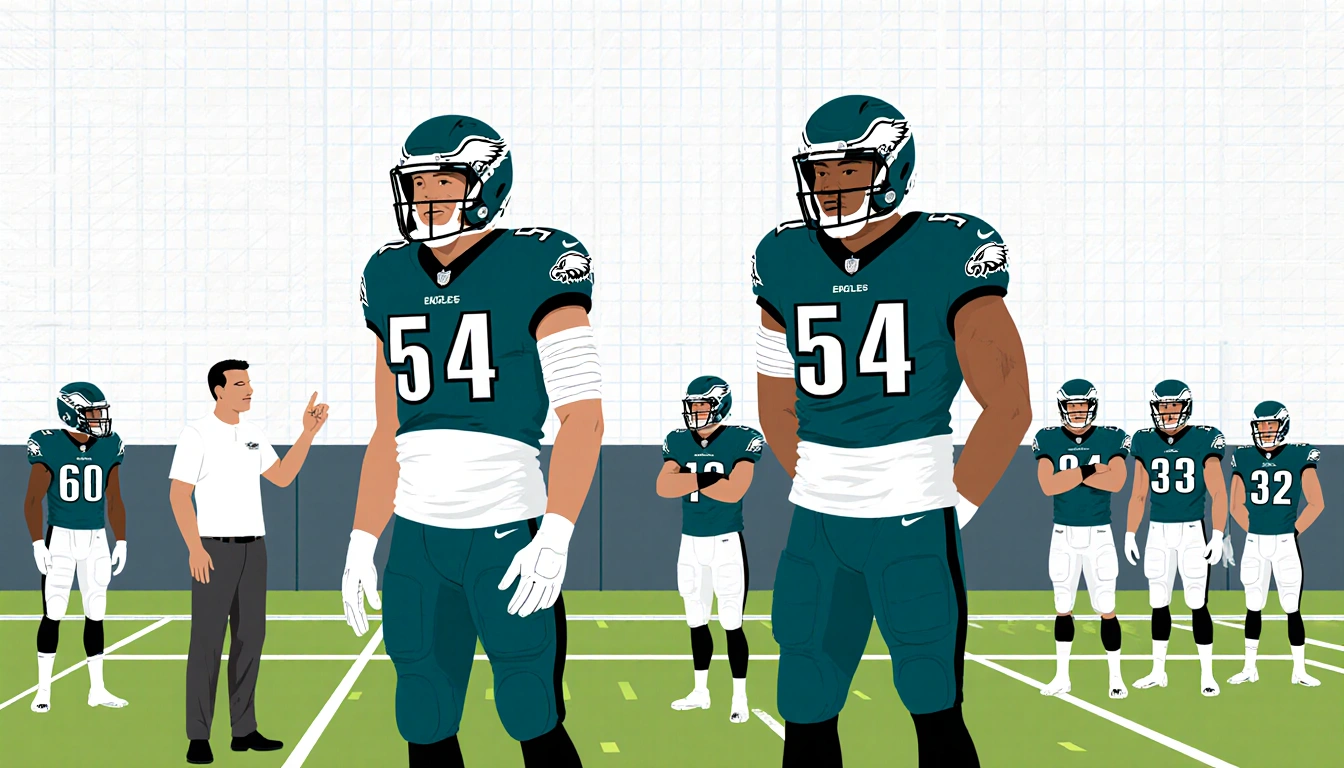 Two football linemen stand side by side on a field with bandaged arms and helmets under coach's eye.