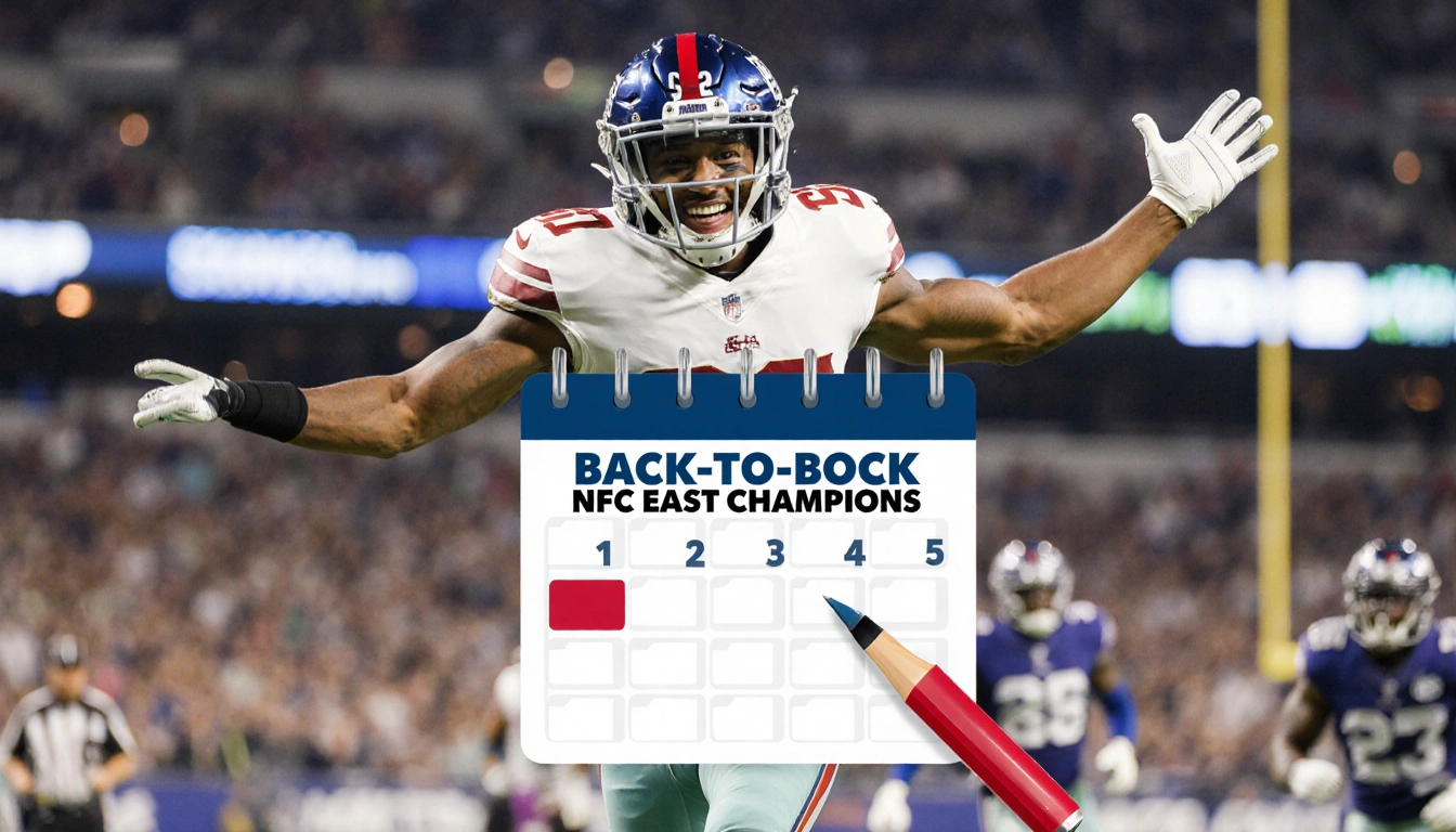 Football player sprinting with arms extended and palms up smiling beside a calendar with champion dates in a stadium backgrou