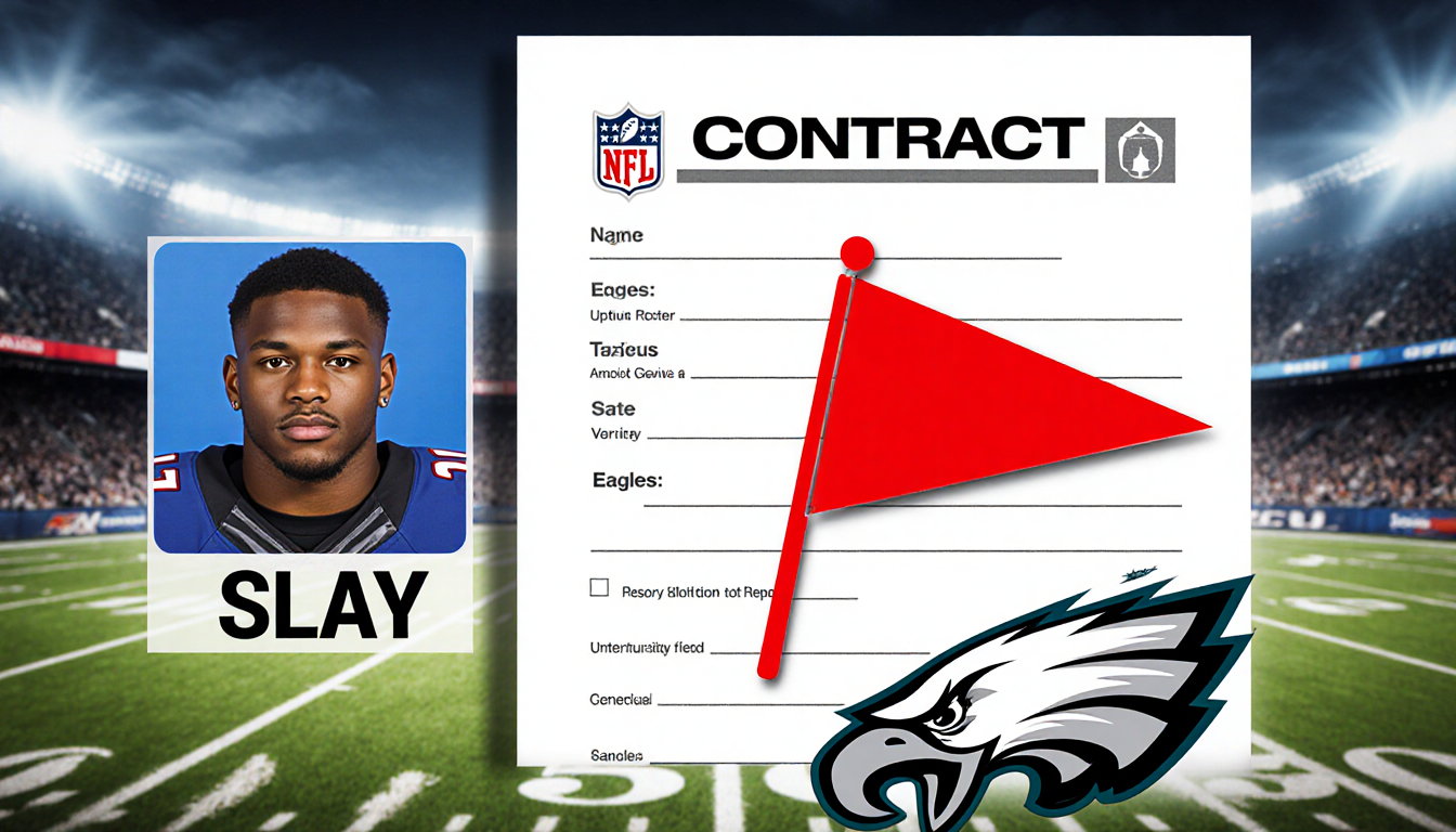 Football contract sheet displays player Slay with a red reserve flag icon and Eagles logo in the background.