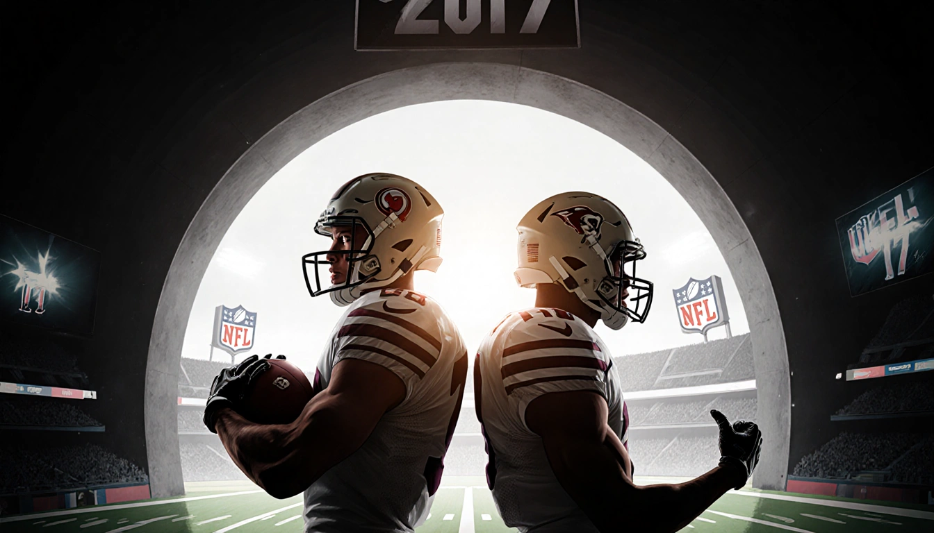 Two football players stand back‑to‑back in a dim tunnel with light one holding a ball and the other gesturing NFL logos behin