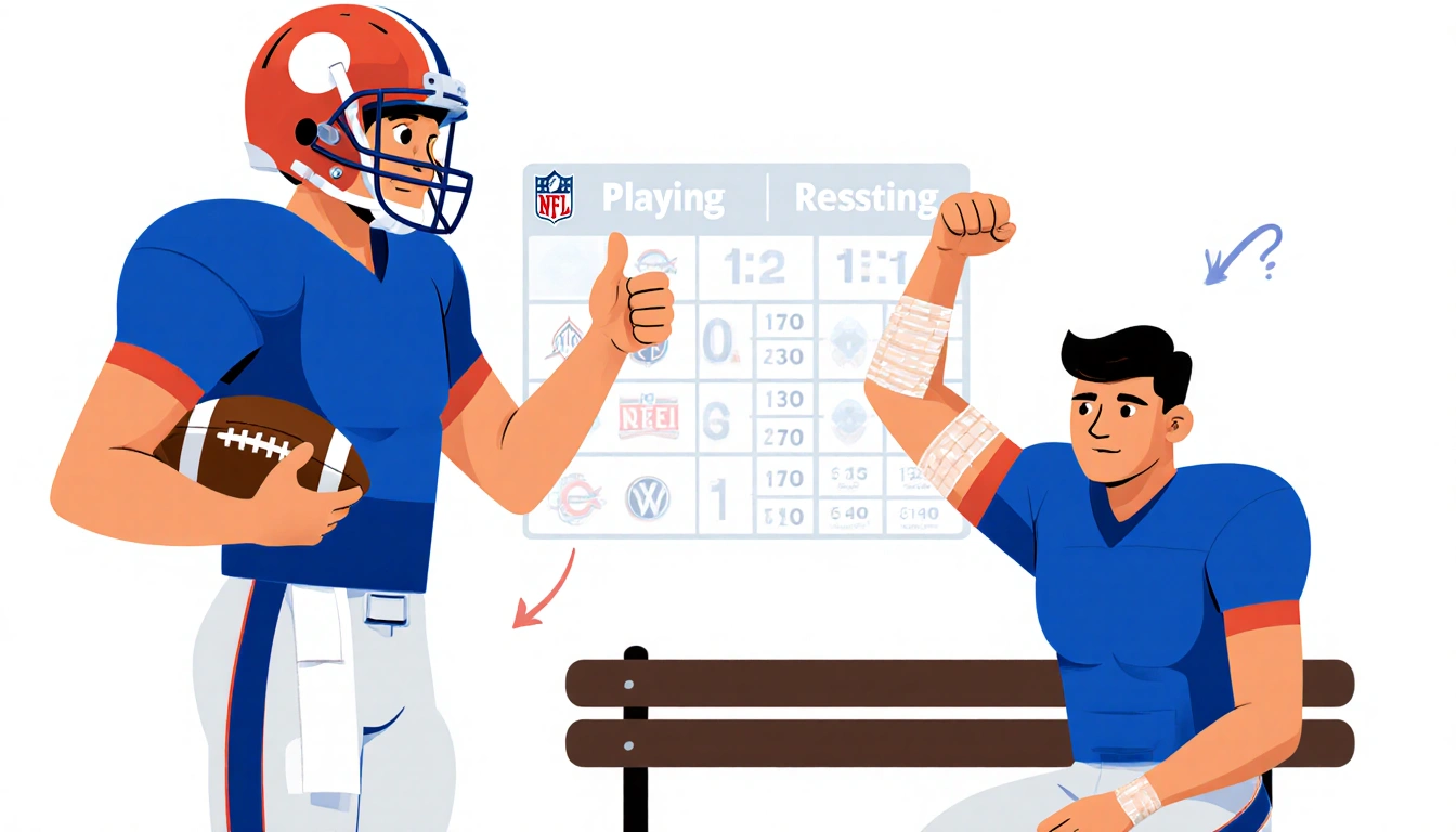 Confident football player gives thumbs-up holding a ball with a bandaged teammate seated, risk while a NFL logo grid surround