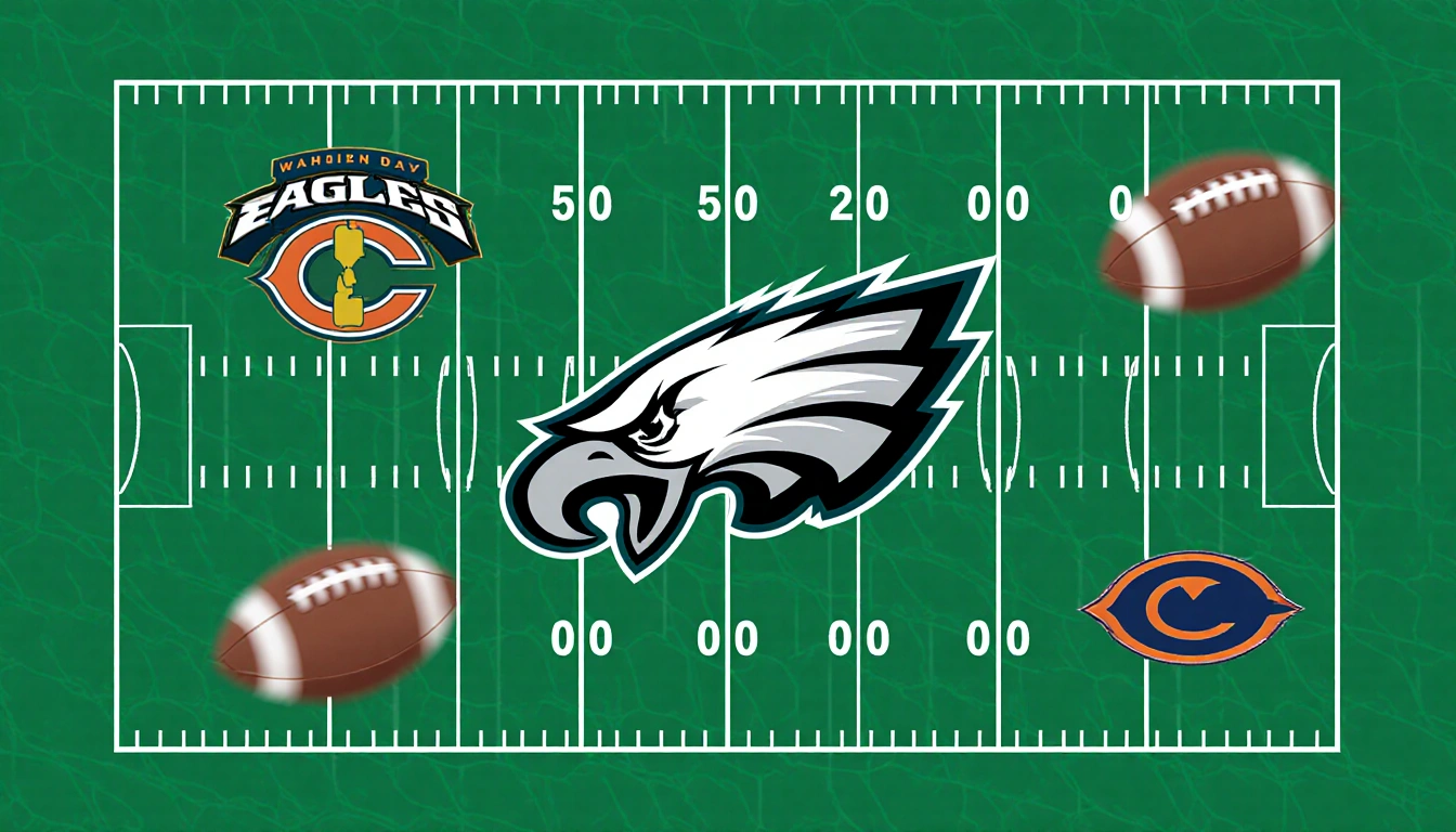 Stylized football field showing grid pattern overlay with Eagles logo at top and Commanders and Bears lower during playoffs
