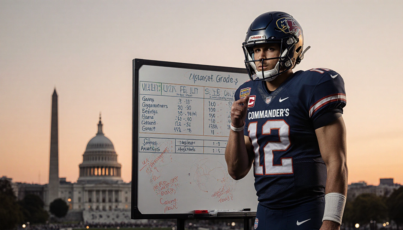Football quarterback in Commander's jersey standing on whiteboard with NFL stats over a sunset Washington D.C. blurred skylin