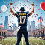 Chargers quarterback raising arms with confetti and balloons and cheering fans in stadium celebration with LA skyline