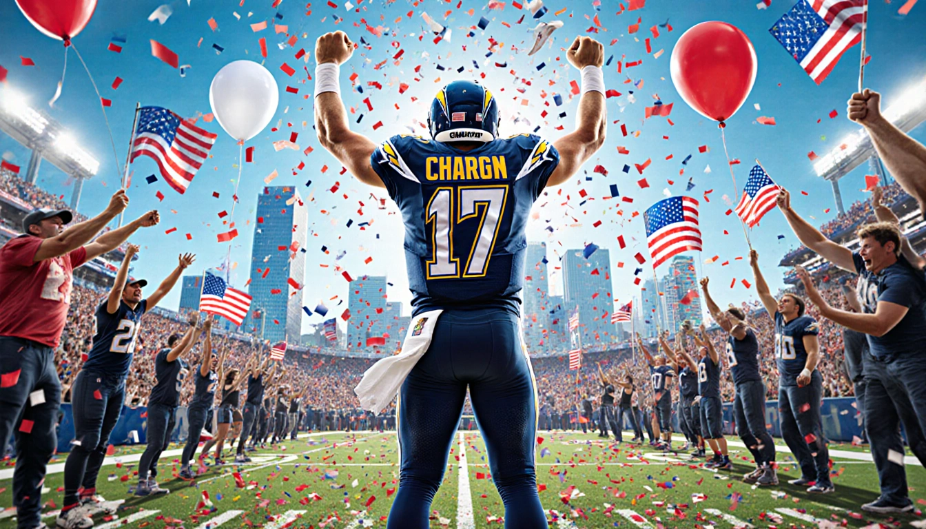 Chargers quarterback raising arms with confetti and balloons and cheering fans in stadium celebration with LA skyline