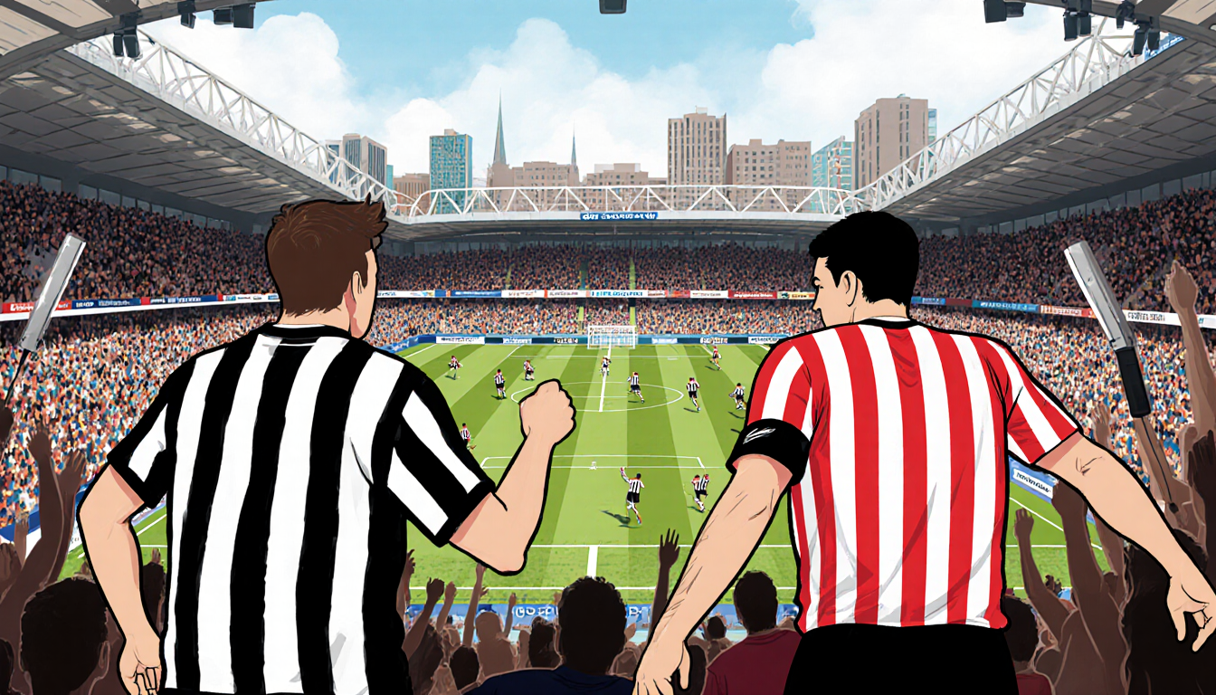 Packed stadium erupts with fans as Newcastle black and white stripes clash with Sunderland red and white hoops derby.