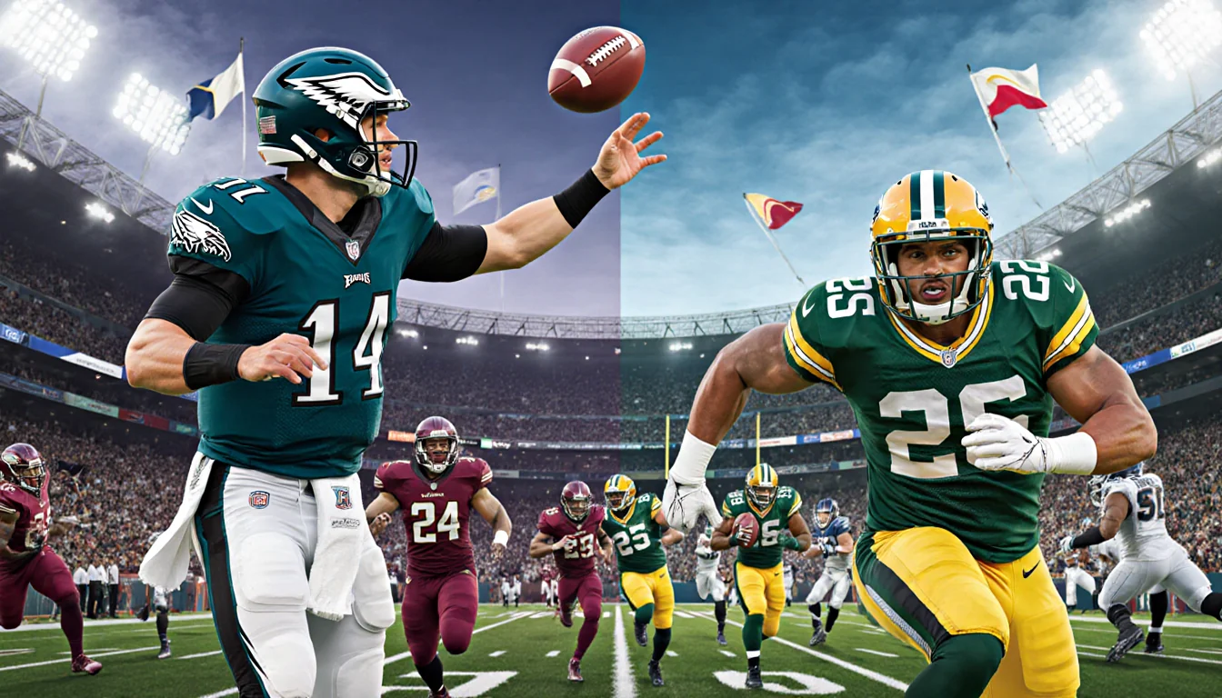 Marcus Mariota tossing a pass with Eagles' midnight green and Commanders' burgundy and gold jerseys in a football stadium