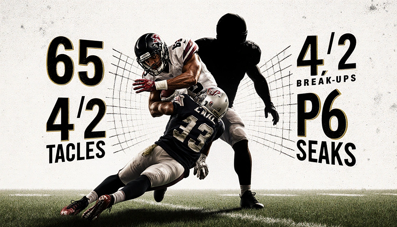 Football player tackling opponent with arms outstretched and QB shadow looming behind defensive statistics swirling around hi