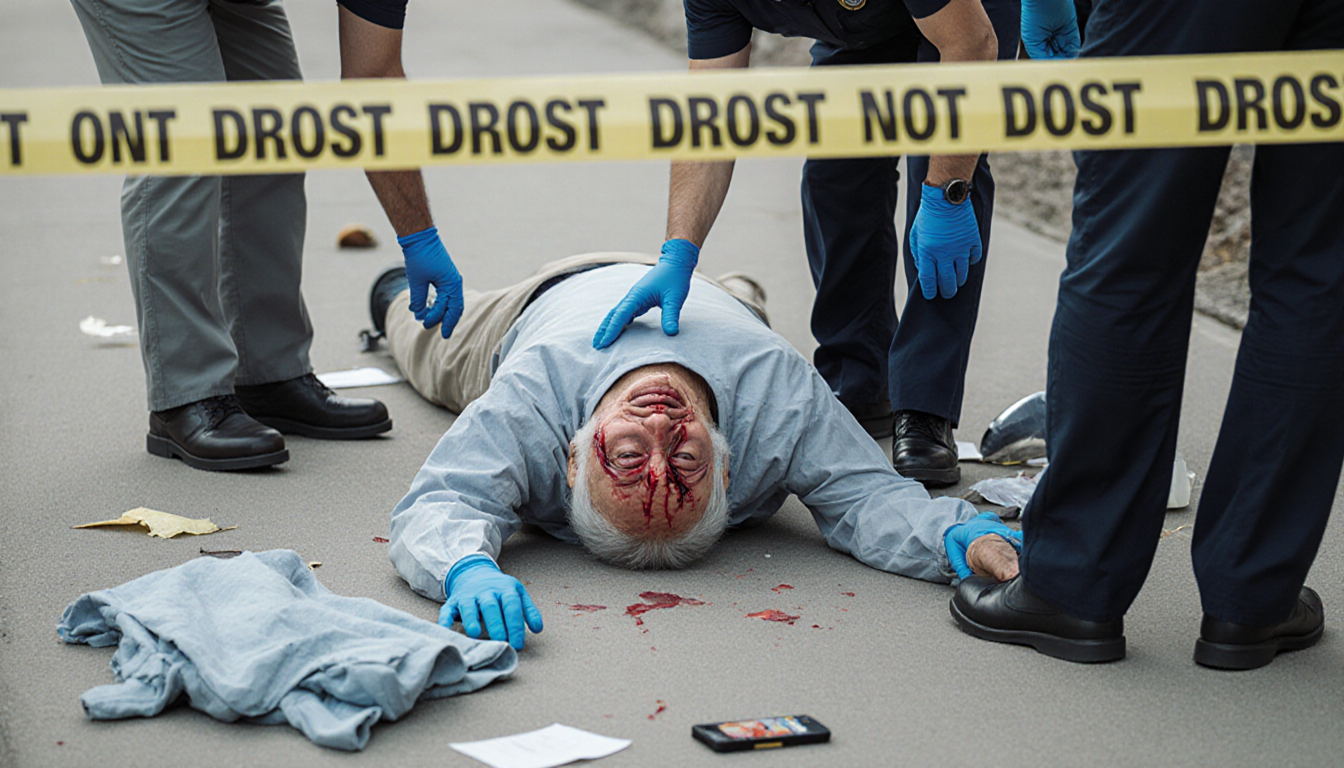 Elderly victim is examined with police tape surrounding body and investigators searching ground for clues at crime scene.