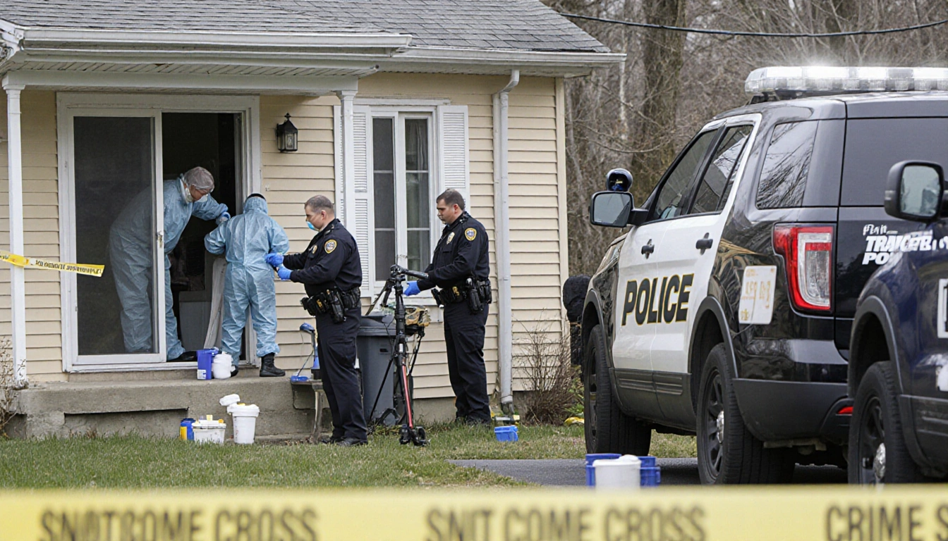 Police officers inspecting a back door with forensic gear and crime scene tape and a police vehicle recording the scene