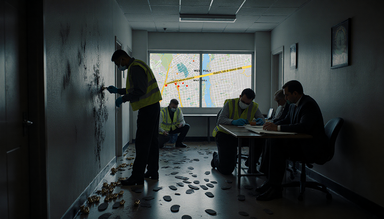 Forensic team collecting evidence markers with bullet‑riddled wall and city map window behind