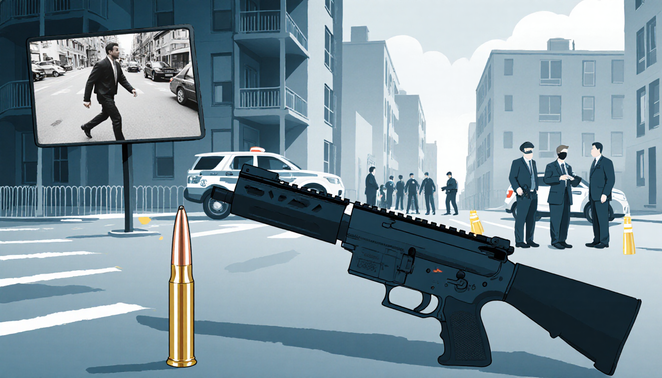 Forensic investigators collecting evidence with shell casing and gun near police vehicle