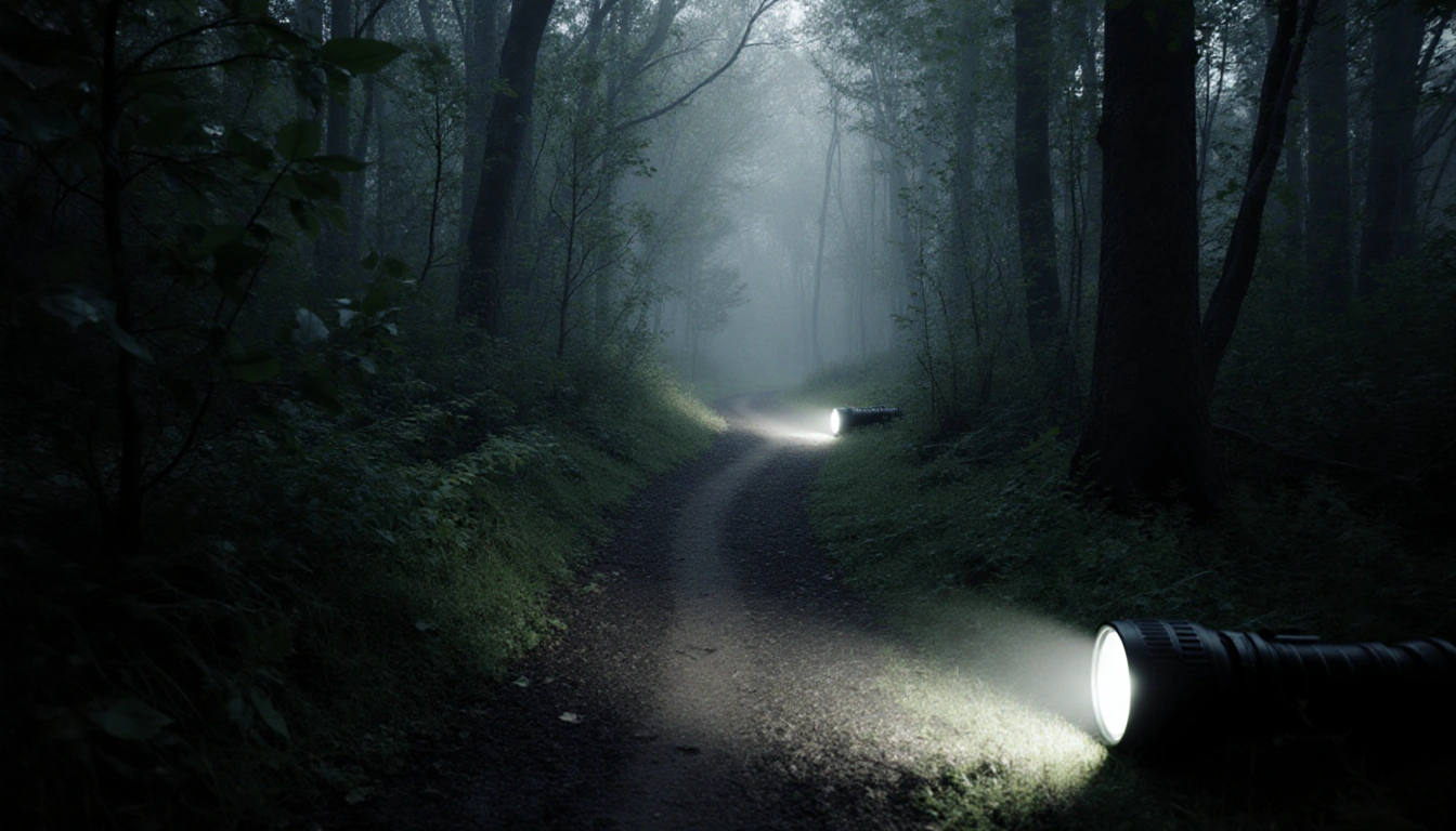 Flashlights illuminate a winding forest path with dim ominous lighting showing an escape route.