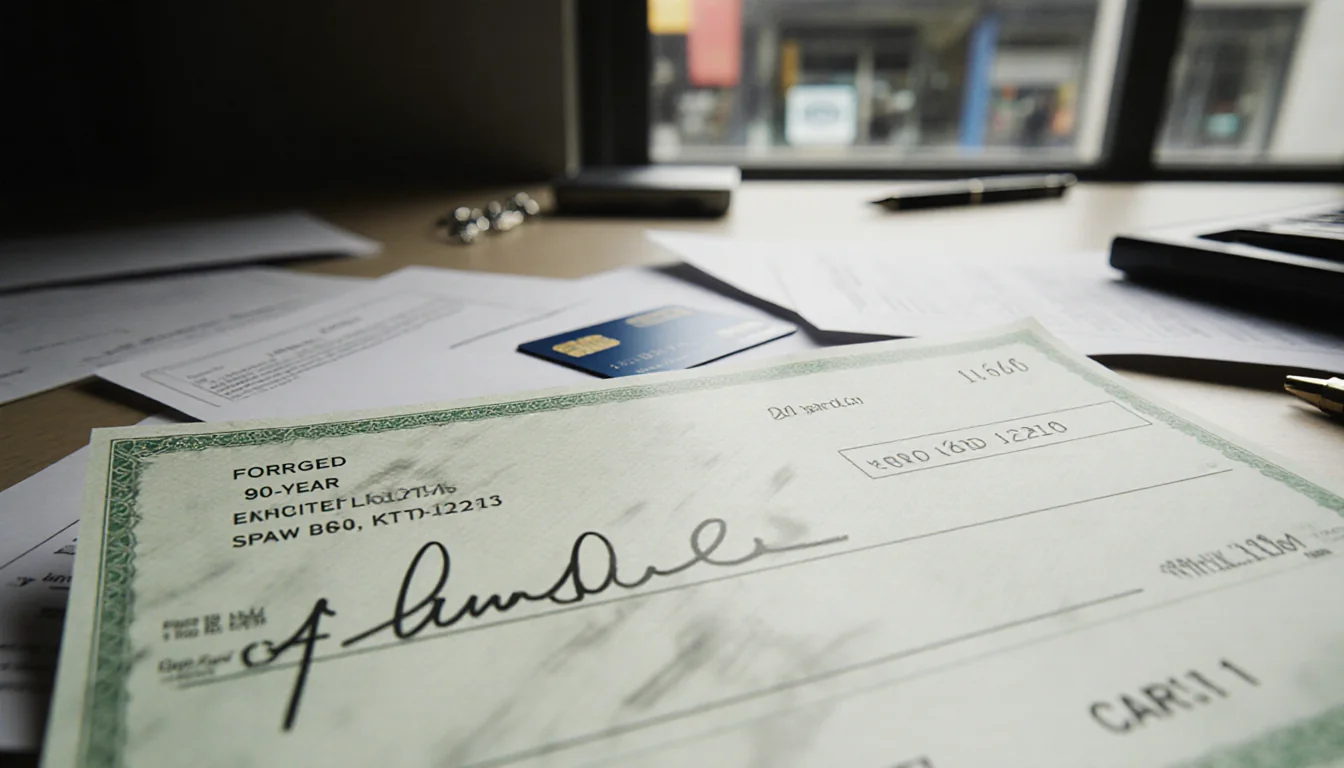 Forged check showing a 90‑year‑old signature with scratches near a desk with pens and a pawn shop window.