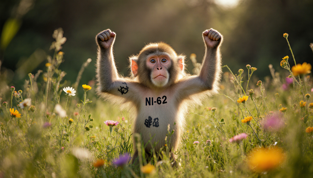 Forrest the escaped lab monkey stands triumphantly in a green meadow at Popcorn Park Animal Refuge with warm sunlight and vib