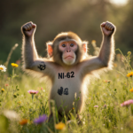 Forrest the escaped lab monkey stands triumphantly in a green meadow at Popcorn Park Animal Refuge with warm sunlight and vib