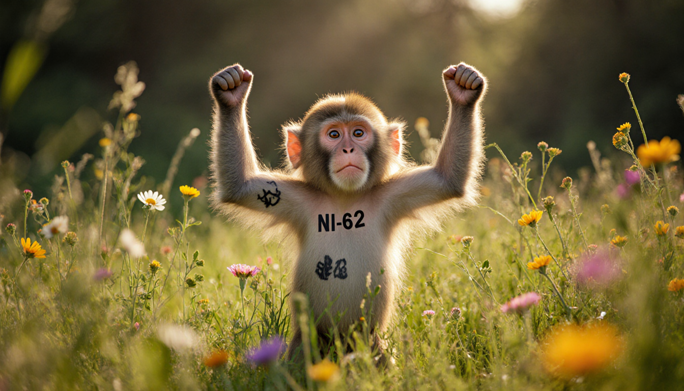 Forrest the escaped lab monkey stands triumphantly in a green meadow at Popcorn Park Animal Refuge with warm sunlight and vib