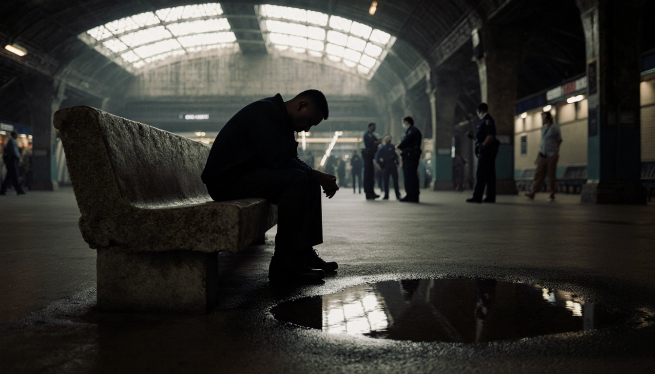 Two men sit with heads bowed on worn stone benches in transportation center morning light and a dark puddle reflecting tensio