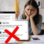 Frazzled woman scrolling Uber subscription notifications with a red X cancel mark near her laptop and piles of bills.