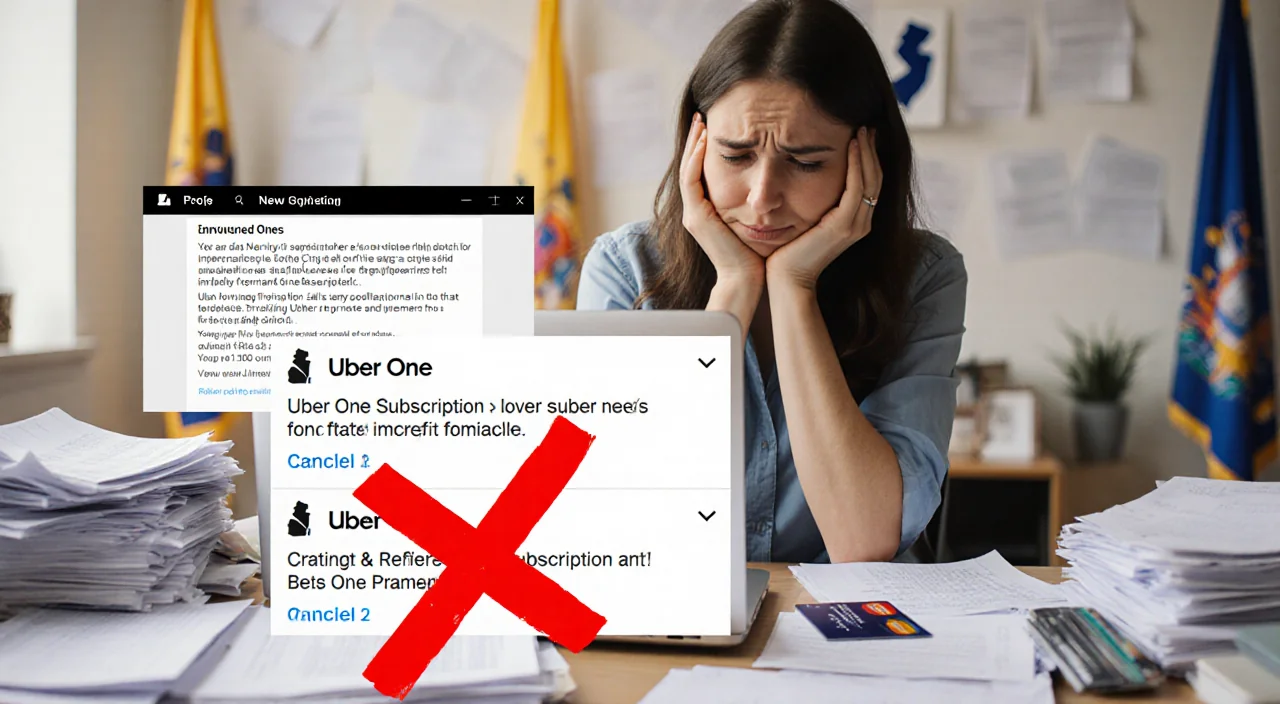 Frazzled woman scrolling Uber subscription notifications with a red X cancel mark near her laptop and piles of bills.
