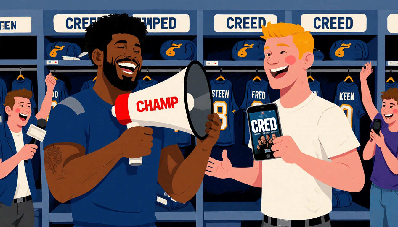 Fred Johnson approaches Tyler Steen with grin and megaphone reporters laugh Steen holds phone with CREED in NFL locker room