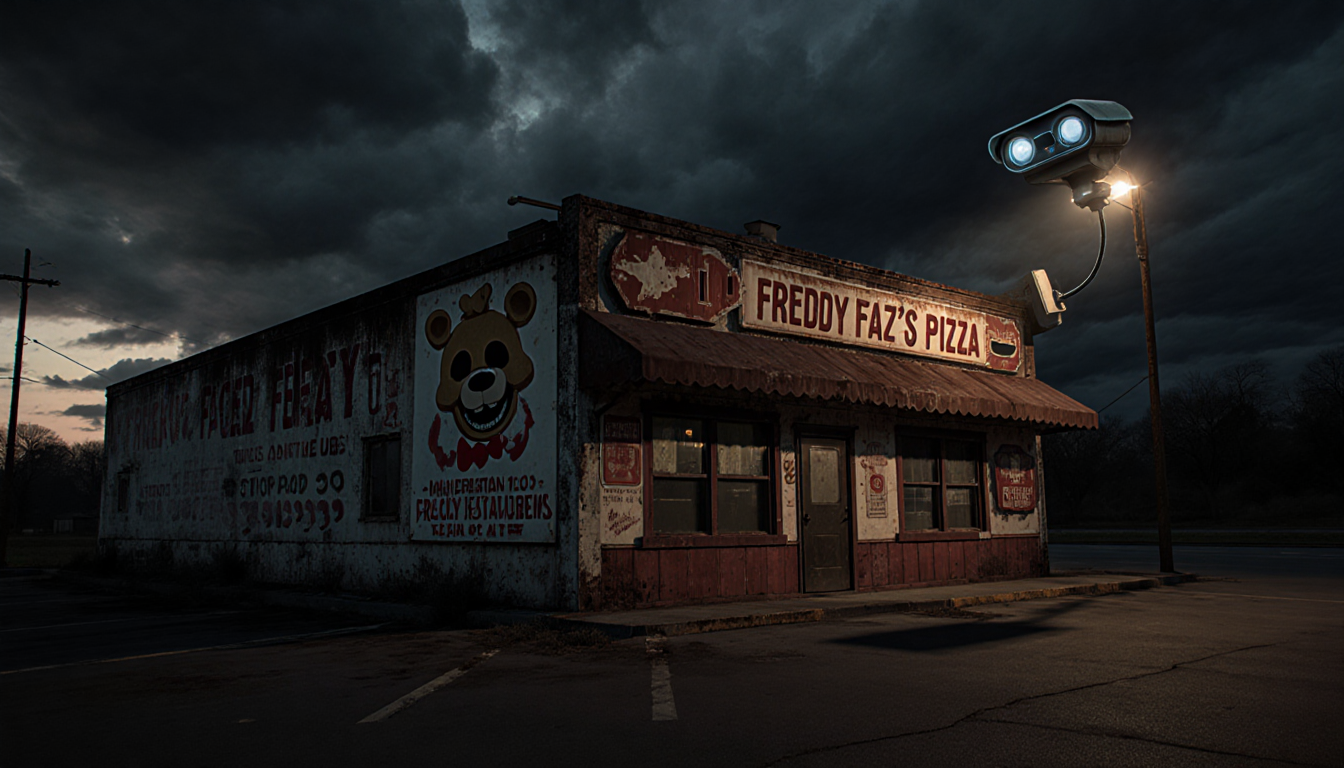 Flickering security camera capturing eerie night over dilapidated Freddy Fazbear's Pizza with stormy sky.