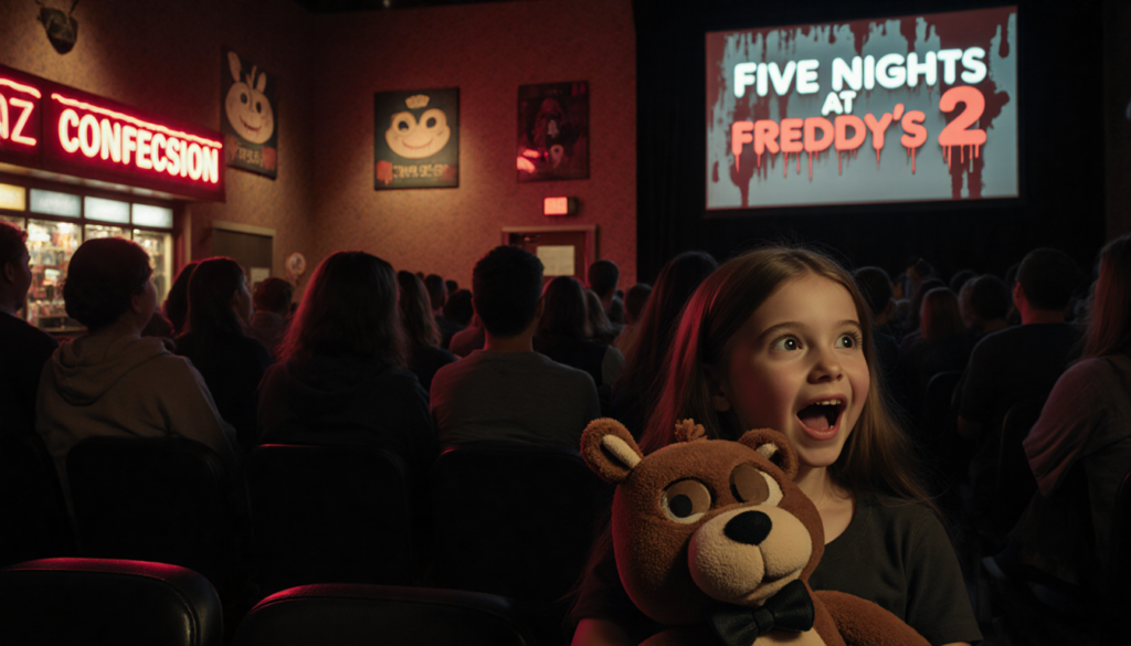 Young girl clutching Freddy Fazbear plushie with movie theater lobby and bold film logo glowing above