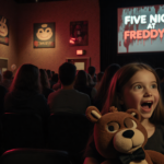 Young girl clutching Freddy Fazbear plushie with movie theater lobby and bold film logo glowing above