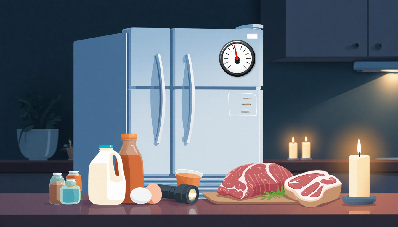 Refrigerator keeps milk eggs and meat cold with dim candle light and visible temperature gauge.