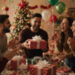 Friends laughing while exchanging gifts with wrapping paper at a holiday party and a Christmas tree