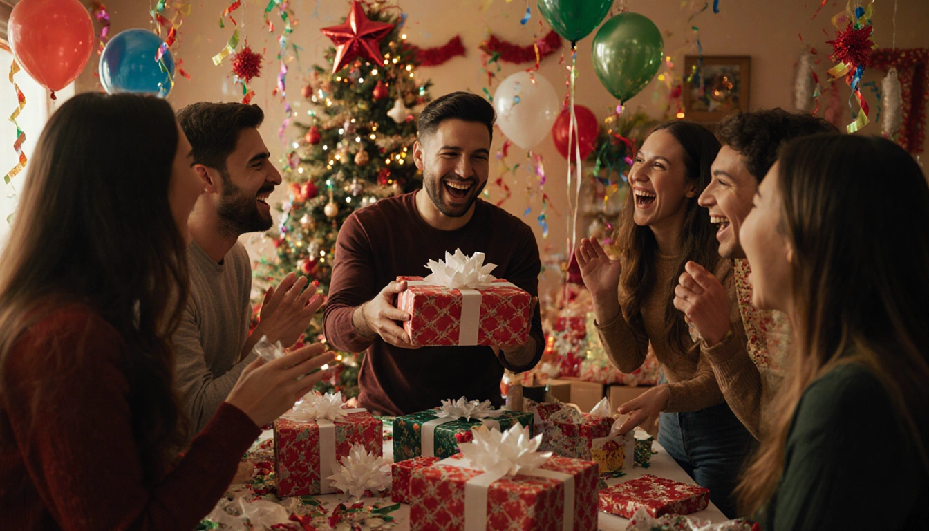 Friends laughing while exchanging gifts with wrapping paper at a holiday party and a Christmas tree