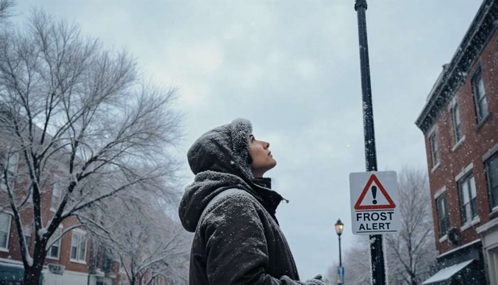 Bundled‑up person gazing up at the winter cold front with frost‑covered street and faint Frost Alert sign in Philadelphia.