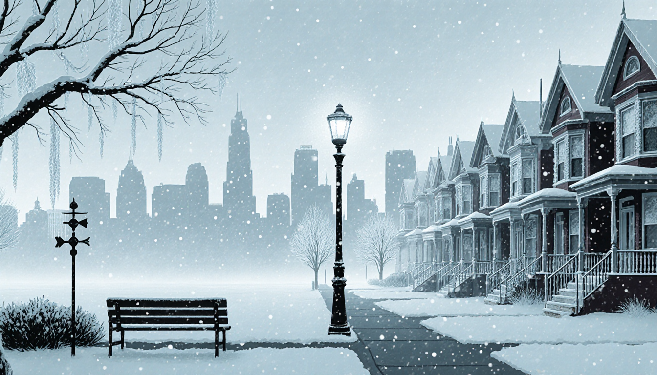 Streetlamp casting icy glow with Philadelphia skyline misty in background and snowflakes falling