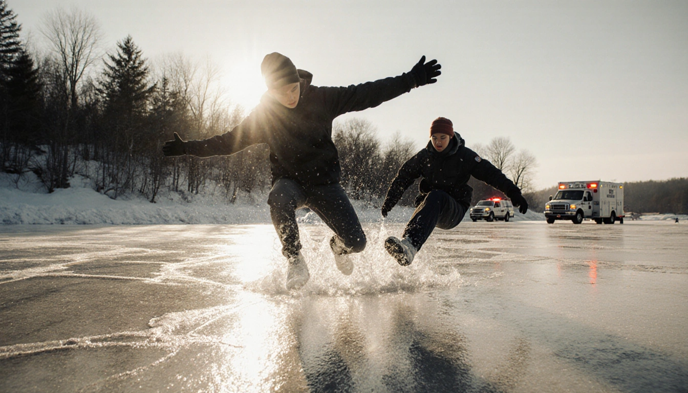 Three students struggling to free themselves with frozen legs on a lake with emergency responders along the shoreline