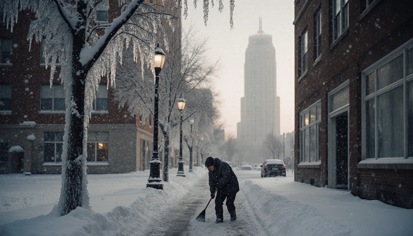 Bundled resident clearing a snowy path with falling flakes and icy lampposts in a Philadelphia winter dawn