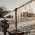 Frosty street shows a frozen sprinkler midair with a rusty low water meter and snow‑covered lawn
