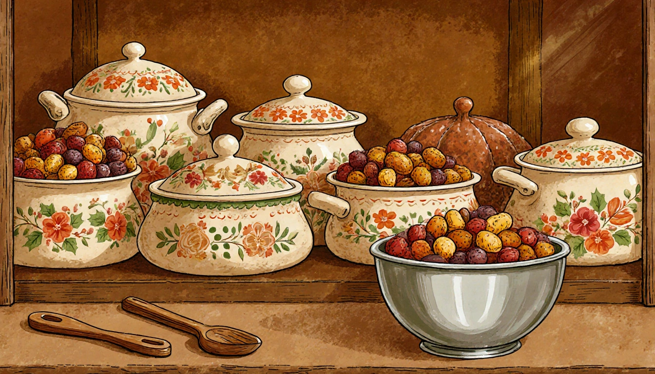 Display case arranging decorated ceramic fruitcake pots with rustic utensils and warm golden background.