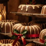 Fruitcakes are arranged on tiered shelves with holly sprigs and ribbons under warm lantern light